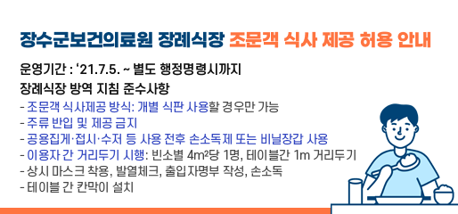 장수군보건의료원 장례식장 조문객 식사 제공 허용 안내
운영기간 : ‘21.7.5. ~ 별도 행정명령시까지
장례식장 방역 지침 준수사항
- 조문객 식사제공 방식: 개별 식판 사용할 경우만 가능
- 주류 반입 및 제공 금지
- 공용집게·접시·수저 등 사용 전후 손소독제 또는 비닐장갑 사용
- 이용자 간 거리두기 시행: 빈소별 4m²당 1명, 테이블간 1m 거리두기
- 상시 마스크 착용, 발열체크, 출입자명부 작성, 손소독
- 테이블 간 칸막이 설치