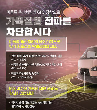 미등록 축산차량의 GPS장착으로
가축질병 전파를 차단합시다
미등록 축산차량의 GPS장작으로 방역 실효성을 혹보하겠습니다.
관련협회, 업계, 차량소유주 대상 사전홍보 실시(4.1~4.30)
미등록 축산차량 자진 등록(GPS장착) 기간 운영 (5.1~6.30)
미등록 축산차량 단속 강화(7.1~과태료 부과)
GPS 미수신 차량에 대한 관리도 강화하겠습니다.
장기간 출입 정보가 없는 축산차량 대상 전화조사, 상시점검 등