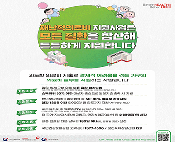 재난적의료비 지원사업은 모든 질환을 합산해 든든하게 지워합니다

과도한 의료비 지출로 경제적 어려움을 겪는 가구의 의료비 일부를 지원하는 사업입니다

지원기준 : 입원·외래 구분 없이 모든 질환 합산지원(단, 1만 원 미만의 소액 진료비 및 단순 약제비는 지원하지 않습니다.), 소득 하위 50% 이하 대상자 중심으로 일정기준 충족 시 지원
지원범위 : 본인부담의료비 일부항목 50~80% 비율로 차등지원, 연간 180일 이내 5,000만 원 한도까지 지원(투약일수 제외)
지원제외 : 비급여항목 중 제도취지에 부합하지 않는 의료비 제외(미용·성형, 특·1인실 비용, 간병비, 도수치료 등), 타 국가·지방자치단체 지원금, 민간보험금(실손) 등 수령(예정)액 차감
신청기한 : 최종 진료일 다음 날 부터 180일 이내(토, 공휴일 포함) 신텅
문의사항 : 국민건강보험공단 고객센터 1577-1000 / 보건복지상담센터 129